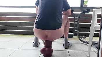 Preview 4 of Hijab Belowjob - Enjoying the View and a Coffee while sitting on the Mr Hankey Horse Dildo II in 4XL - Monster Dildo Wrecked Ass Deep Anal Training