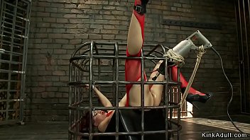 Preview 1 of Atbcuanra - Brunette in cage fucks drill machine
