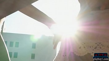 Preview 2 of Italian Hairy Milf Crempie - Big natural boobs chicks strip on a building rooftop