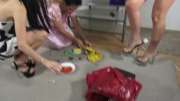 Preview 4 of Naked Sex With Female - 3 Giantess Girls humiliate their small sissy cleaning slave and milk him hard