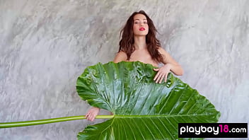 Preview 1 of Lave Gap - Petite small titted naked Filipino muse Kit Rysha posing with a huge leaf