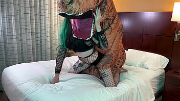 Preview 1 of Mom Bg Work - Dinosaur Fucks Hot Goth Trans Babe