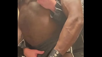 Preview 2 of Tamil Unthy - Black Leather Bodybuilder Orders Muscle Tit Workout