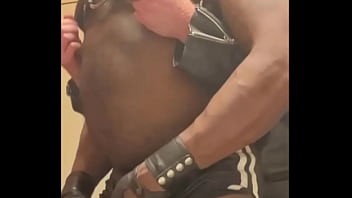 Preview 3 of Tamil Unthy - Black Leather Bodybuilder Orders Muscle Tit Workout