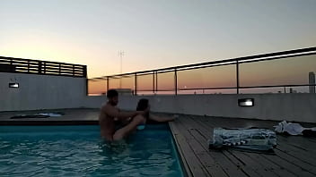 Preview 2 of Sapphic Erotica Strapon Marcella - cumming a lot in the pool at sunset - accounter adventure