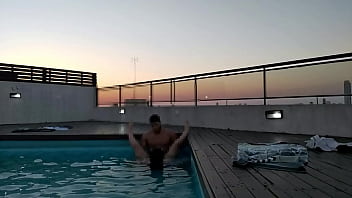 Preview 4 of Sapphic Erotica Strapon Marcella - cumming a lot in the pool at sunset - accounter adventure
