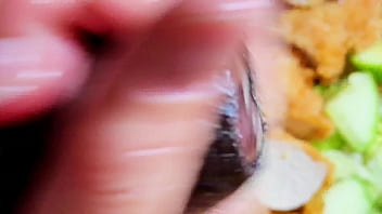Preview 4 of Topless Amateur - I jerk off the delivery man cum  on the chicken salad and eat it,  after he lick my big fat pussy - BBW SSBBW cum swallow,  big ass,  thick ass,  big fat ass,  fat pussy,  hijab,  cum load,  BBW pussy eating,  massive,  asshole closeup,  point of view,  BBW Doggy