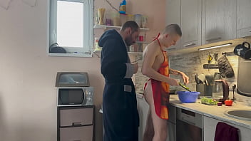 Preview 2 of Milfs Teach Teen - The stepfather found his stepson with a bare ass in the kitchen and fucked his tight ass right on the table - 437