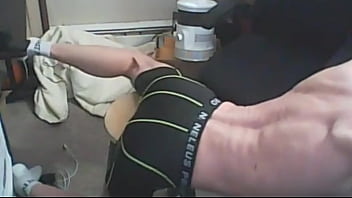 Preview 1 of Asstube In - Deep Pelvic Stretch on Stool in Spandex Shorts