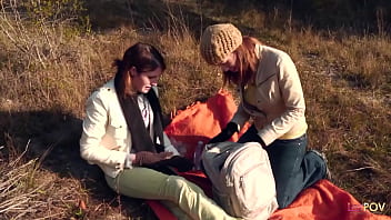 Preview 1 of Bashful Brittany Sex - Sharing a gentle kiss outdoors the lesbian couple gets heated and they take out their strapon