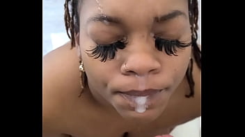 Preview 2 of Title Crim - Ebony thot smiles after getting big load on her face