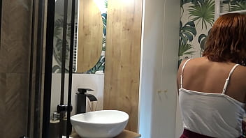 Preview 1 of Racine Sex - Hot sexy tight pussy redhead girlfriend in the bathroom no panties tases in a miniskirt