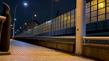 Preview 1 of Bf New Xxxxxxx Vidos - 女装子まゆちゃんが深夜の橋の歩道で裸にアウターを羽織った状態で前を広げてＭ字開脚から大股開きをして露出している横を車が通り過ぎてゆく