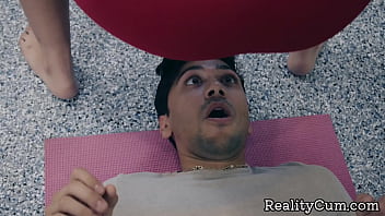 Preview 1 of Porno Retro Dp - Curly brunette with juicy big booty seduces her trainer and give him a nice wet blowjob - Victoria Voxxx,  Max Fills