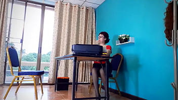 Preview 2 of Son Caught Spying On Step Mom - SEXRETARY Secretary shows pussy Security camera under office desk