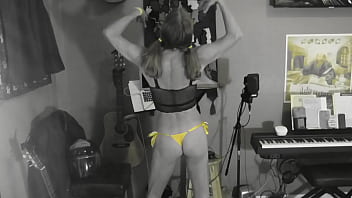 Preview 2 of Beating And Punished - Yellow Pop! Me performing solo dancing in my tiny yellow panties,  masturbating and tasting my cum.