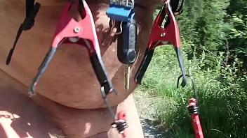 Preview 2 of 18 Years Collage Girl - vtt a poil avec des pinces aux tetons tres dures