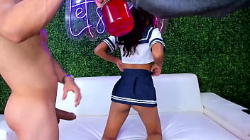 Preview 1 of Cabin 18 - Petite submissive on her knees swallowing two big cocks