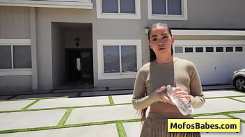 Preview 1 of Big Black Giant Booty Aunt - Sexy and horny brunette seduces her gardener and suck his huge cock - Angelina Moon,  Logan Xander