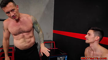 Preview 1 of Pawg Fuck - Trainer Derek Bolt getting fucked by his clients Derek Kage and his stepson Kane Fox in his gym