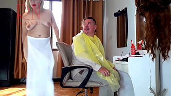 Preview 1 of Moist Is - Nudist barbershop. Nude lady hairdresser in an apron. Security camera. The client is surprised. 2 4