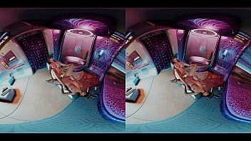 Preview 2 of Hvorzmxoi - VReal 18K Scissoring with glowing dildo and VR headset - Cyberpunk 2077 lesbian tribadism parody on tantra chair - featuring Judy Alvarez,  Panam Palmer