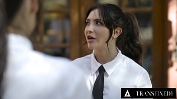 Preview 1 of Jija Sai Sex Indian - TRANSFIXED - Busty Trans Chick Tries NOT TO GET CAUGHT Fucking Her Hot Cis Coworker On The Job!