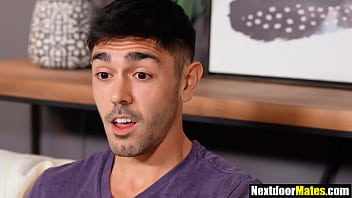 Preview 2 of Brunette Big Takes Big Cock - Straight guy needs gay roommate&#039_s help