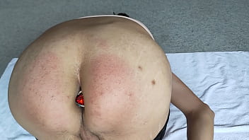 Preview 4 of Dans Platu - Sissy boy in latex pants paddles his plugged ass