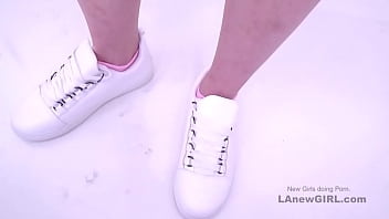 Preview 2 of Big Fat M G Sexy - Cute Babe with pink socks gives footjob at audition