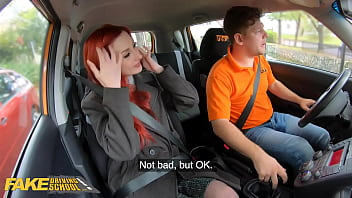 Preview 1 of Badu Kumari Xxx - FakeDrivingSchool Redhead Brit with Pierced Tits has Tights Ripped and Pussy Fucked