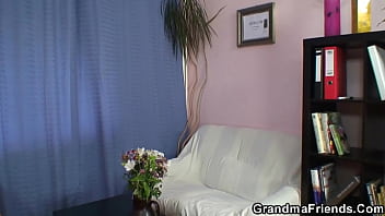 Preview 1 of Kinky Lesbian Sucking Tits - Very old grandma takes two cocks at once