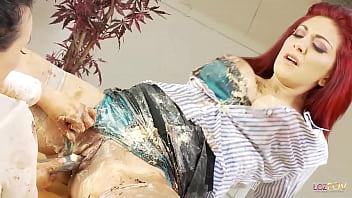 Preview 4 of Desi Bavi Xxz - Nasty lesbians cover their bodies with food as they rub their clits and pound their cunts with dildos