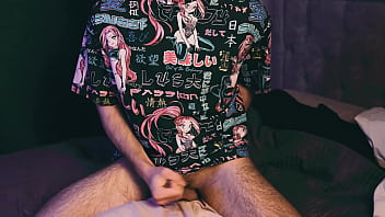 Preview 2 of Egpits Video - a young guy in an anime t-shirt masturbates loudly and smears his pillow with sperm. 4K VIDEO