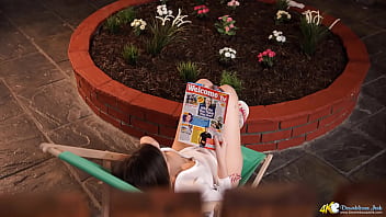 Preview 1 of Leggins Studiet - Sexy Brunette Reads Magazine In Garden Unaware Of You Perving Down Her Top At Her Perky TITS