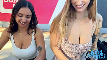 Preview 2 of 18lesbian Hot - Frat Boy Max Picks Up Angel Youngs and Hailey Rose in College Campus