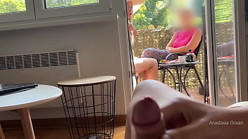 Preview 2 of Rayna Fox - My husband is jerking off and cum in front of my stepmom a while we talk on balcony.