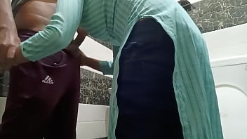 Preview 2 of Men Under Baby Ass - Hot young Indian step sister catching in bathroom while watching the porn video Clear Hindi audio