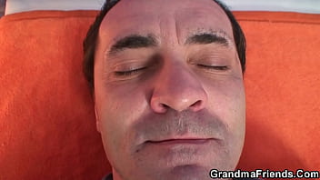 Preview 2 of Seachsensi Paerl - Huge boobs grandma swallows two cocks at once