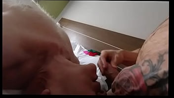 Preview 2 of Grupe Big Boty Ebony - Tattooed Latino Top Shoots Cum Into White Haired Grandpa&#039_s Mouth