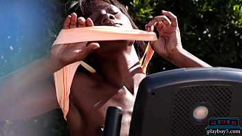 Preview 2 of Orgasmher Rep Dhothar Xnxx - Ebony MILF Ana Foxxx does a naked workout outdoor and starts sweating