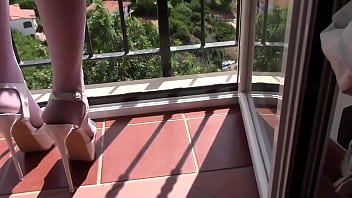 Preview 3 of Hindi Six Xvideo - White platform heels,  pink pantyhose,  white dress and my beautiful legs and bottom