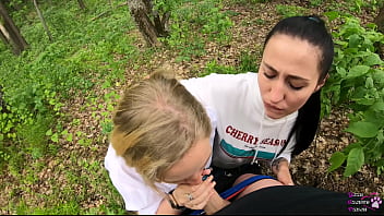 Preview 3 of Hubwife - Amateur threesome blowjob outdoors