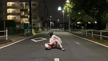 Preview 3 of Force Sophia Leone - 女装子まゆちゃんがミニスカノーパンで深夜の住宅街の車道のど真ん中でM字開脚から大股開きで露出プレイを楽しんでいる