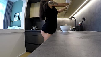 Preview 3 of Maricco - Hot Sexy Brunette MILF Housewife at home no panties in a Cut Miniskirt to flash her meaty juicy wet Pussy and Naked Ass