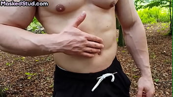 Preview 2 of Yoga Car For - Masked muscled stud solo masturbates outdoor and cums