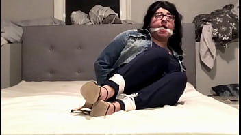 Preview 2 of Country Belle - Latina crossdresser Lenise Villarreal is bound &amp_ gagged in blue