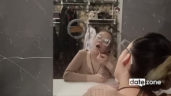 Preview 1 of Sindy Schmidt Strip - DATEZONE - Pregnant babe with glasses masturbates