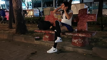 Preview 2 of Publick Porn Rusia - Sissy, trapito, femboy montando su dildo en publico los espectadores se masturban frente a ella