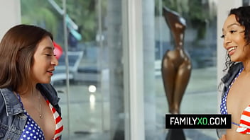 Preview 1 of Rachel Starr Vs Rocco Siffredi - Patriotic stepsisters Sarah Lace and Amber Summer threesome sex with their stepbrother on 4th July